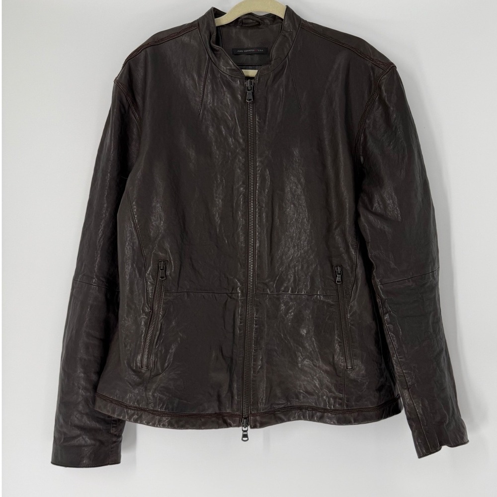 John Varvatos USA Men XL Brown Sheepskin Leather Cafe Racer Moto Jacket L1137U2B